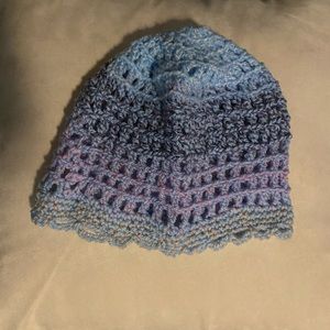 Knit/ crocheted ombré colored purple and blue beanie
